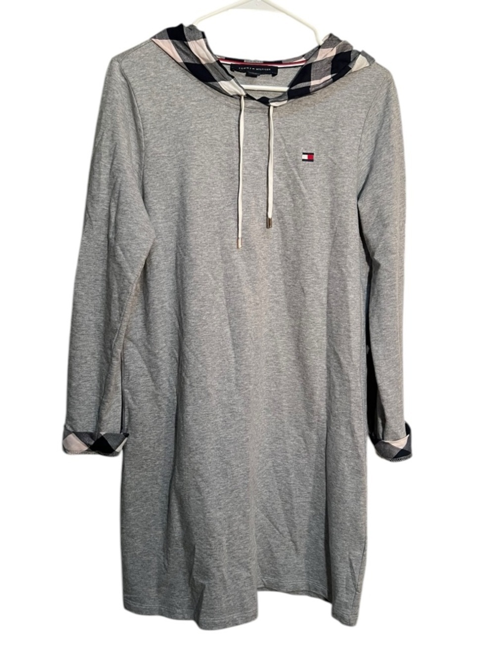 Tommy Hilfiger Women's Size Medium Hoodie Dress Sweatshirt Heather Gray Gingham